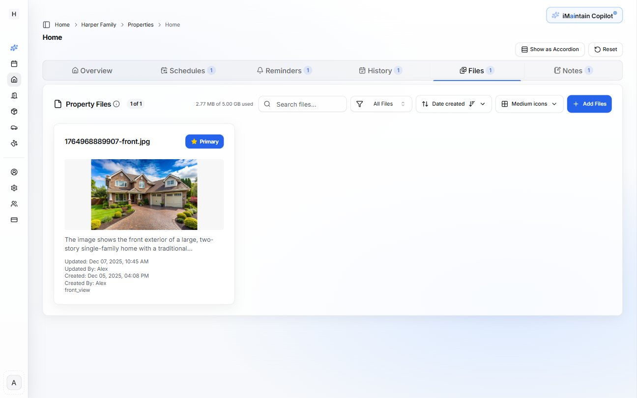Property Files panel showing all existing files with metadata such as uploaded date, description, category, and file size