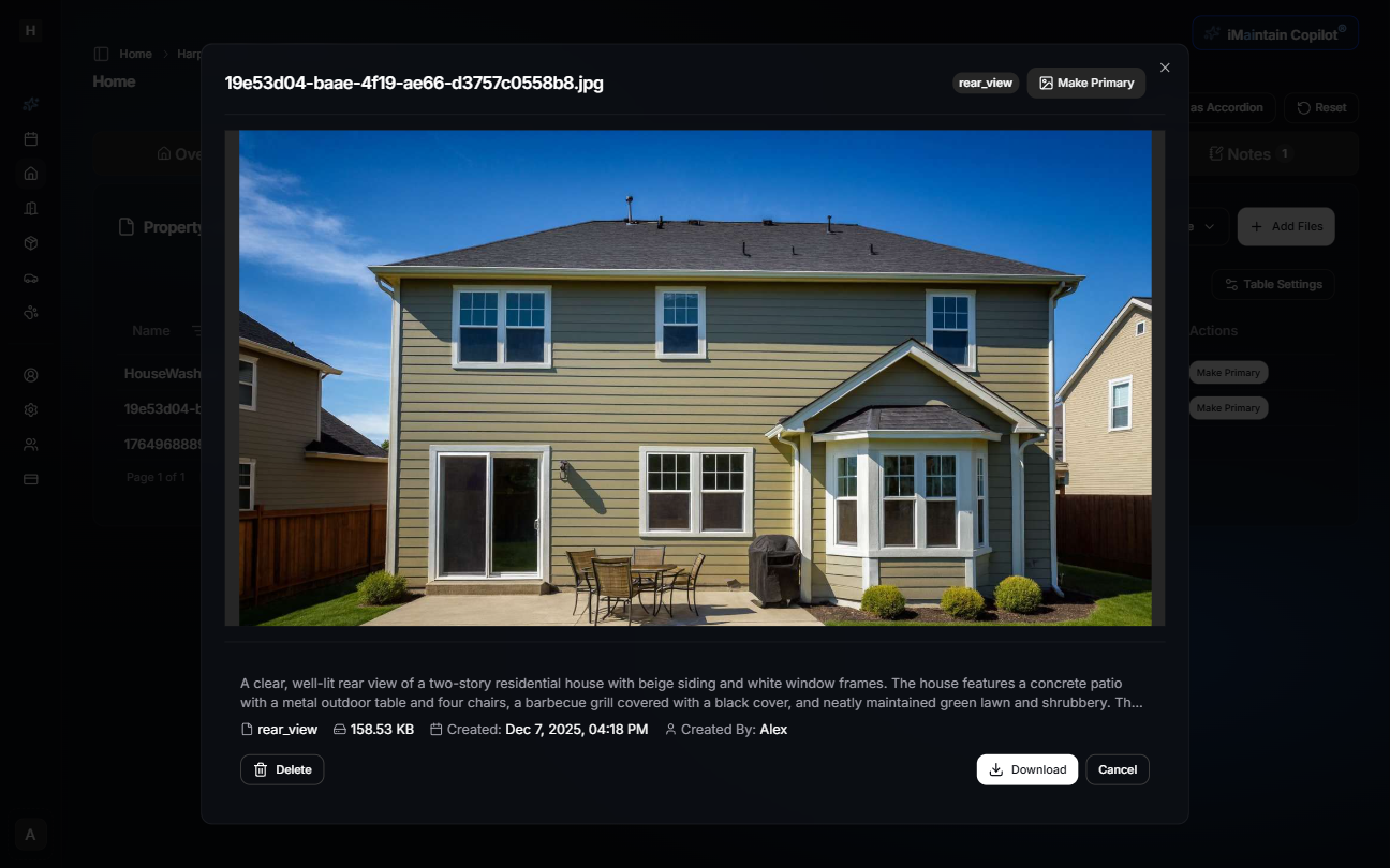 File detail modal showing full file view with description, metadata, and action options