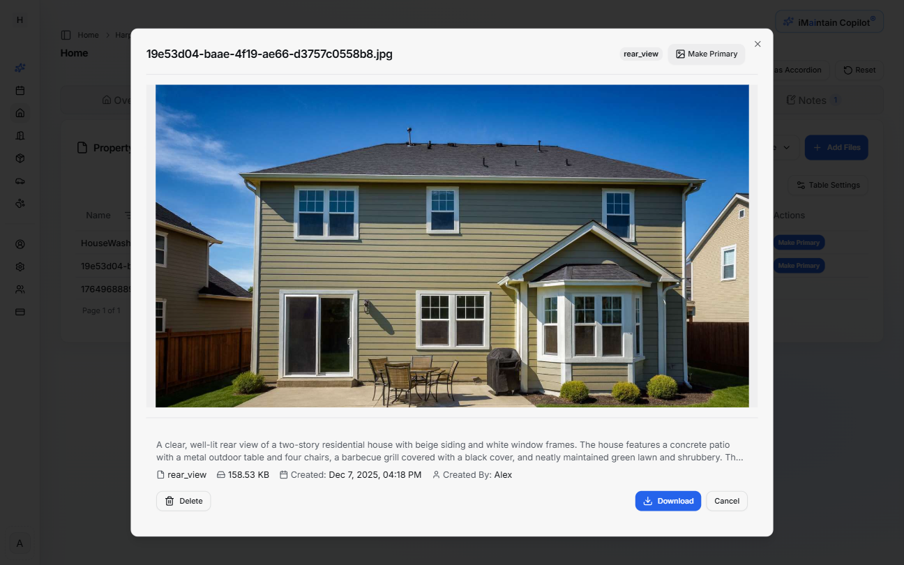 File detail modal showing full file view with description, metadata, and action options