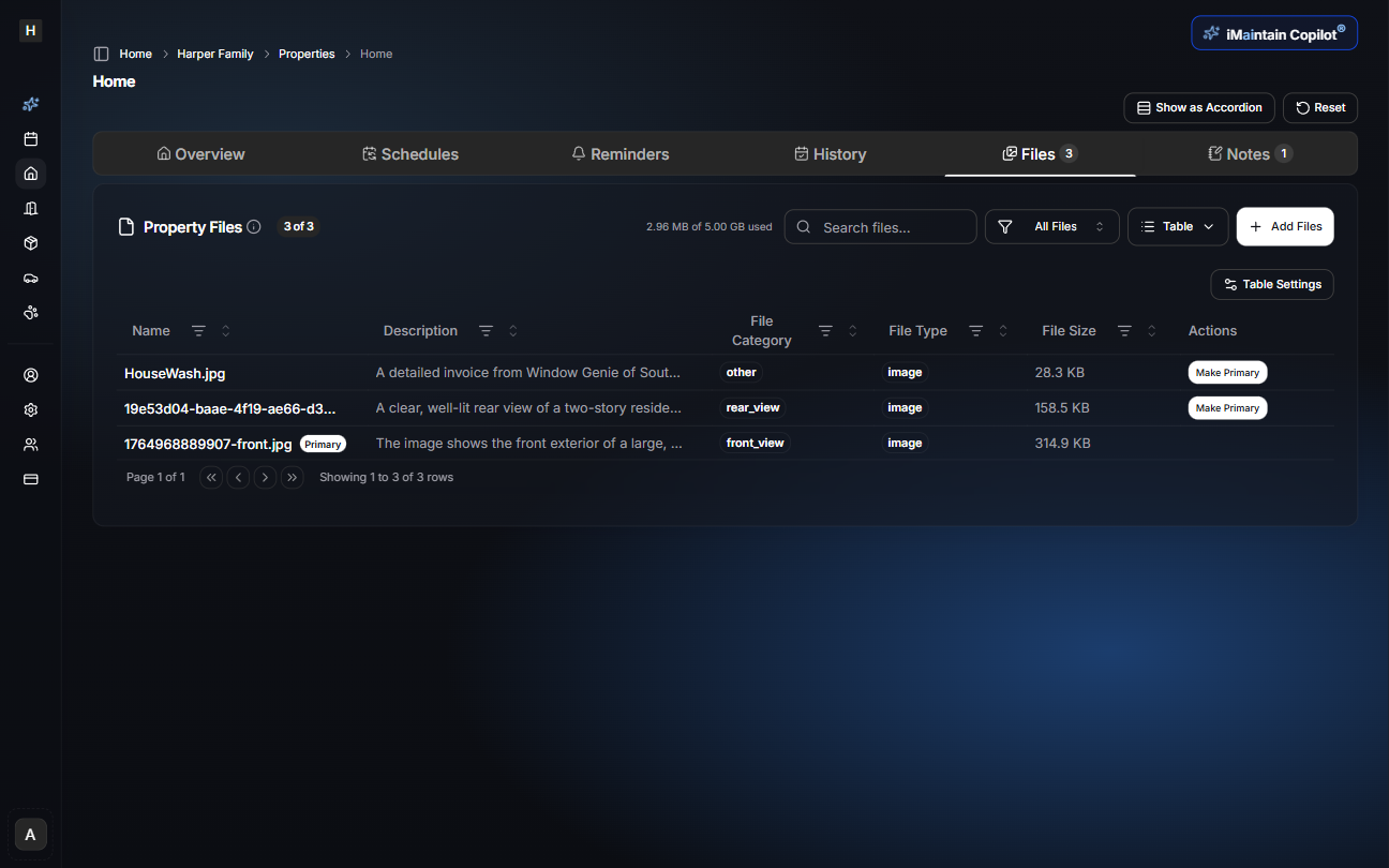 Property Files table view showing files in a structured grid with sortable columns