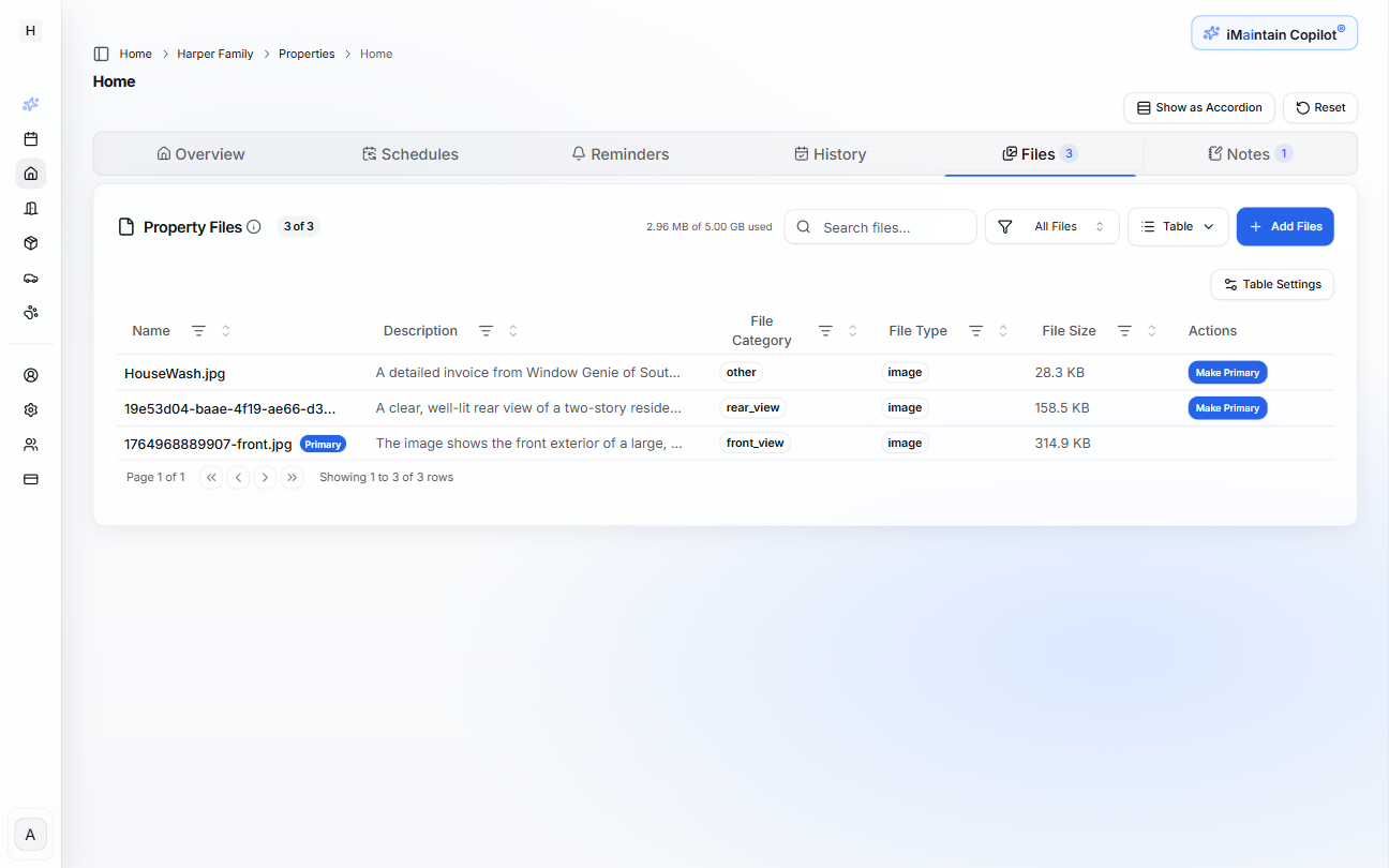 Property Files table view showing files in a structured grid with sortable columns