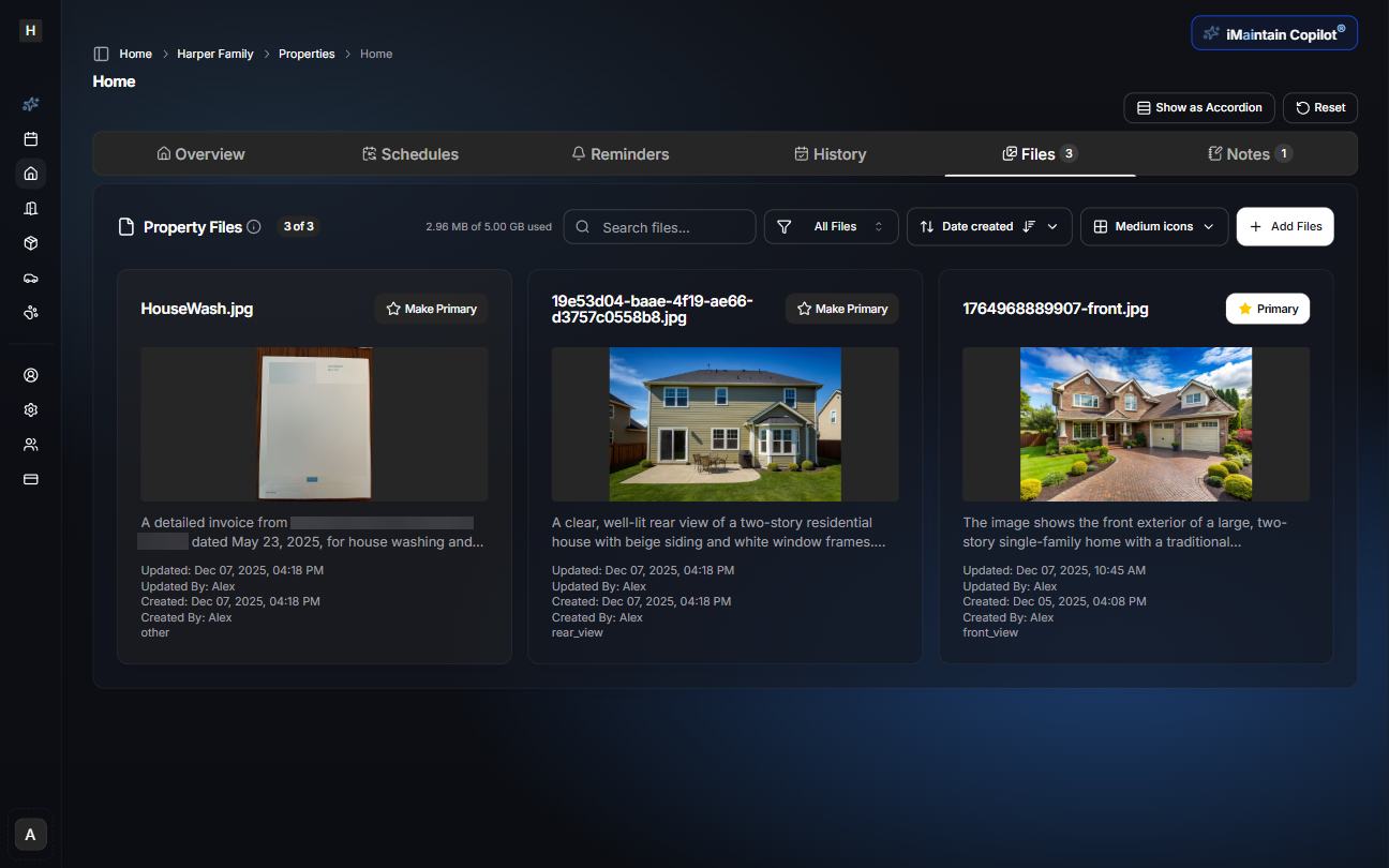 Property Files card view showing files as thumbnails with previews and metadata