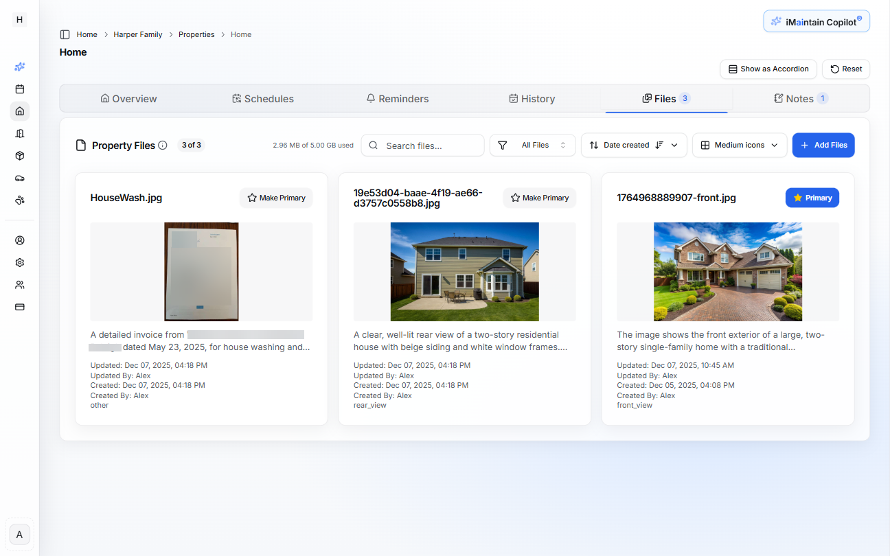 Property Files card view showing files as thumbnails with previews and metadata