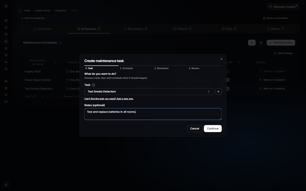Create maintenance task wizard Step 1 Task showing a task selector, plus button to add a task, and optional notes field