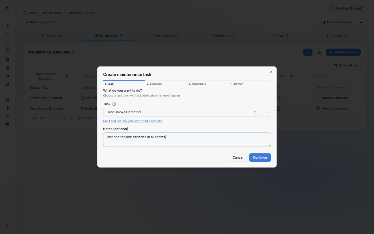 Create maintenance task wizard Step 1 Task showing a task selector, plus button to add a task, and optional notes field