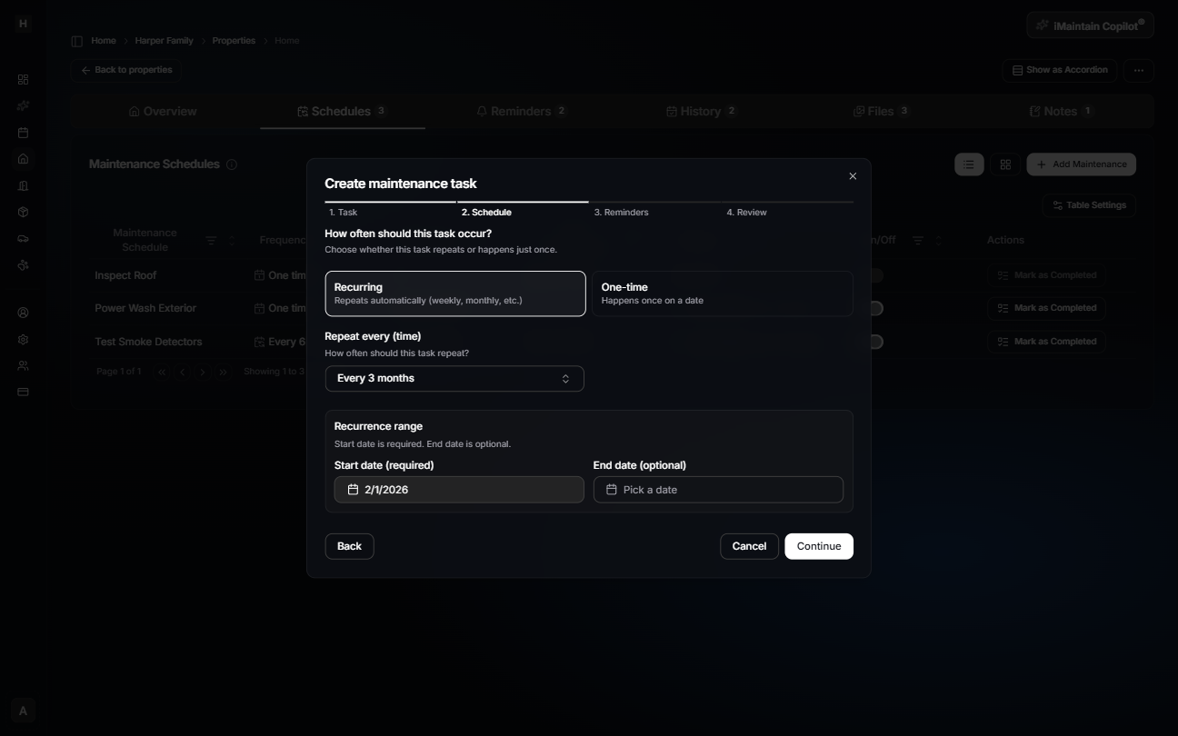 Create maintenance task wizard Step 2 Schedule showing recurring vs one-time options, repeat interval, and start/end date range