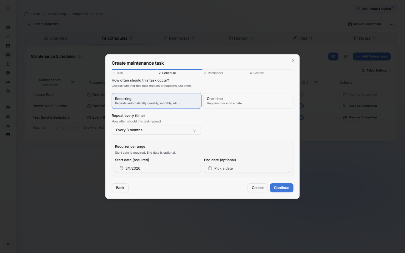Create maintenance task wizard Step 2 Schedule showing recurring vs one-time options, repeat interval, and start/end date range