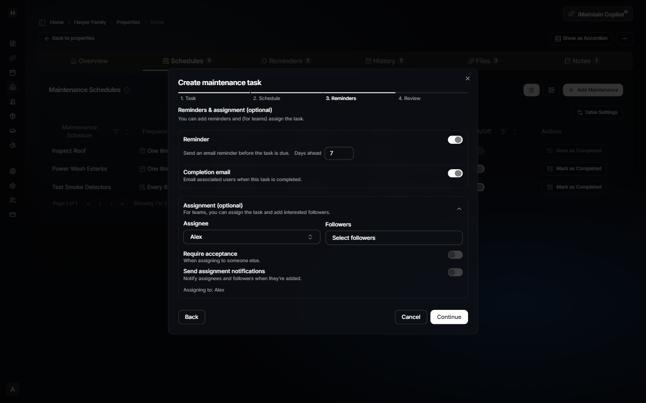 Create maintenance task wizard Step 3 Reminders showing reminder toggles, days ahead, completion email, and assignment options