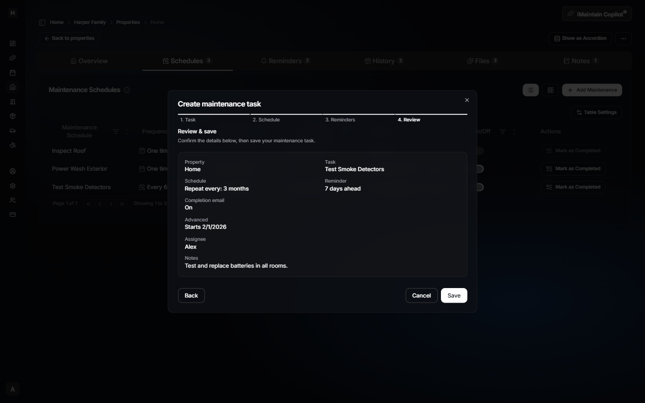 Create maintenance task wizard Step 4 Review showing a summary of the property, task, schedule, reminders, assignee, and notes with a Save button