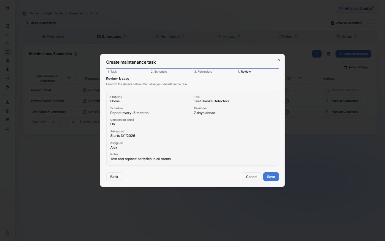 Create maintenance task wizard Step 4 Review showing a summary of the property, task, schedule, reminders, assignee, and notes with a Save button
