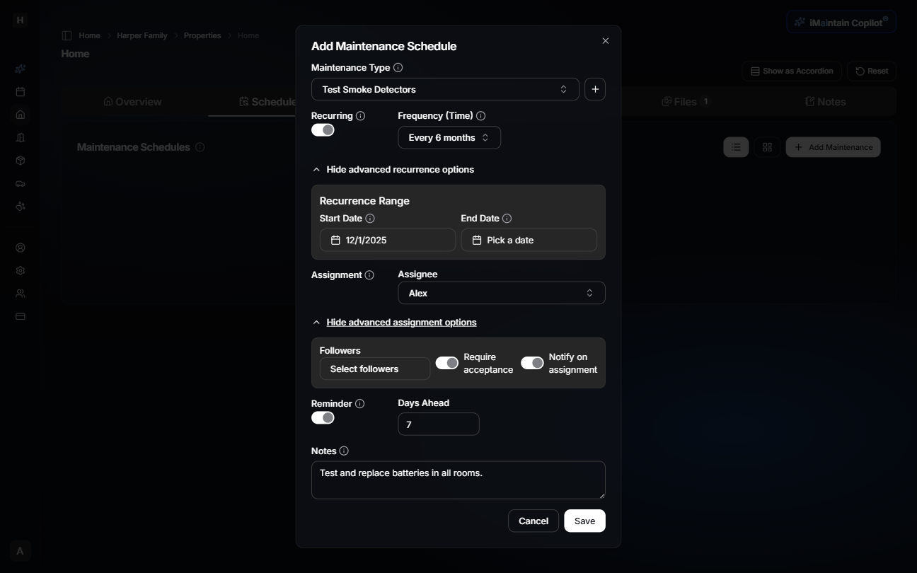 Add Maintenance Schedule modal showing options for creating a new maintenance schedule
