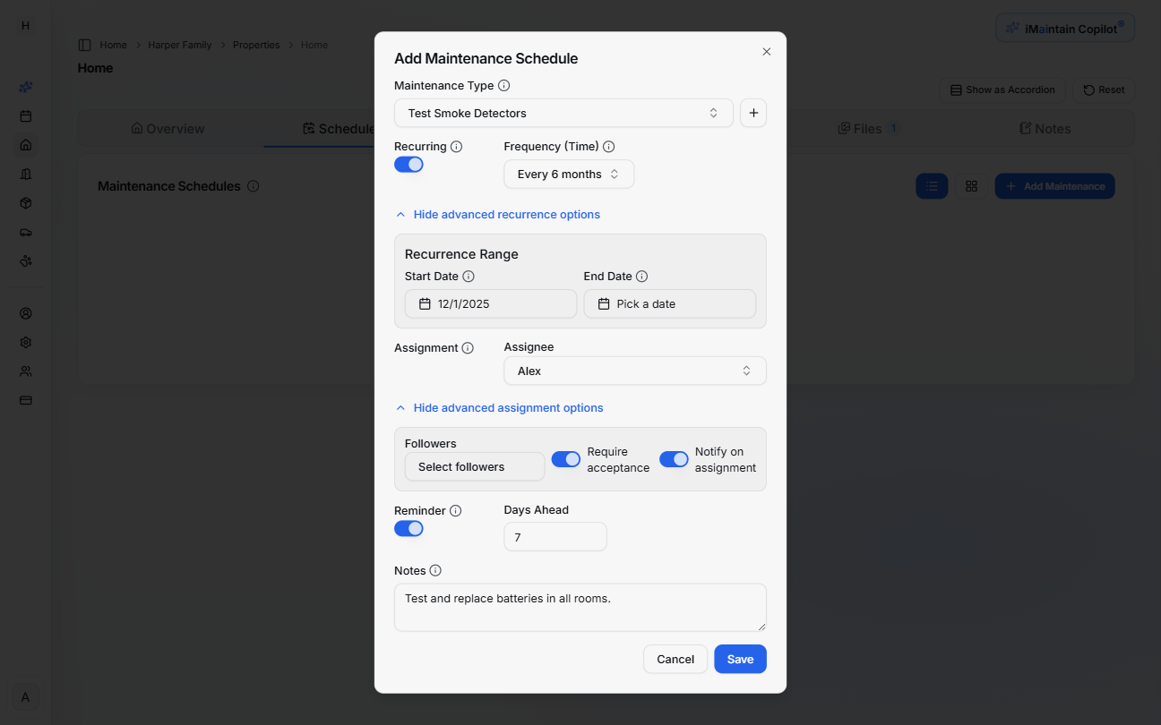 Add Maintenance Schedule modal showing options for creating a new maintenance schedule