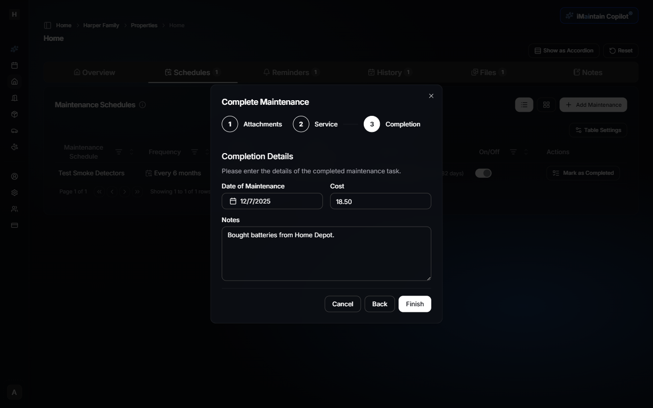 Step 3 of maintenance completion wizard showing completion details including date, cost, and notes