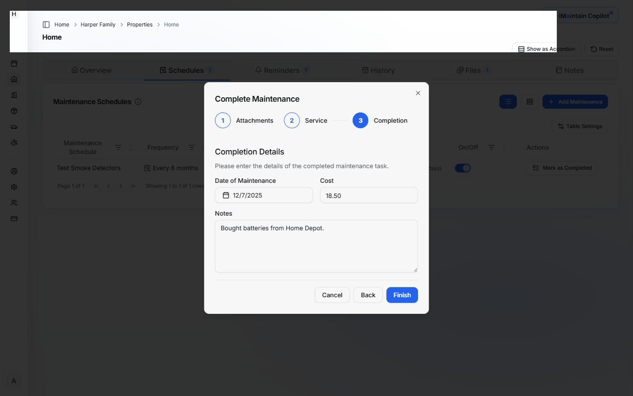 Step 3 of maintenance completion wizard showing completion details including date, cost, and notes
