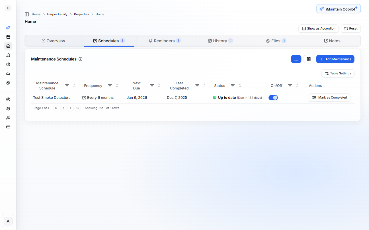 Updated maintenance schedule view showing next due date and last completed date after task completion