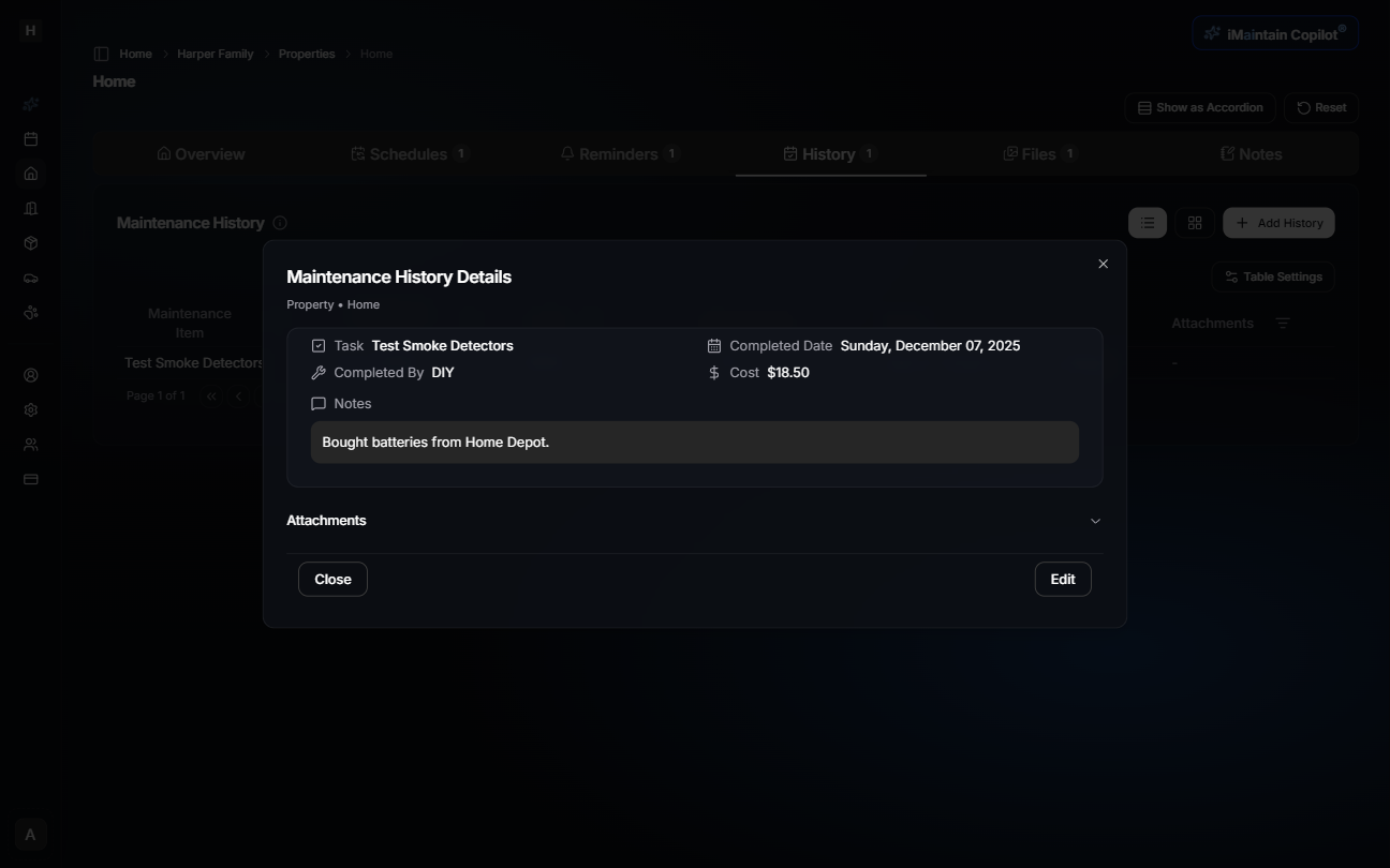 Detailed view of a completed maintenance task showing all information, attachments, and AI-extracted insights