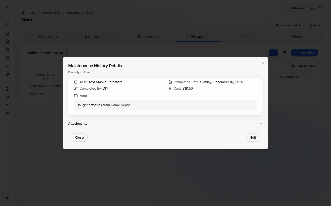 Detailed view of a completed maintenance task showing all information, attachments, and AI-extracted insights