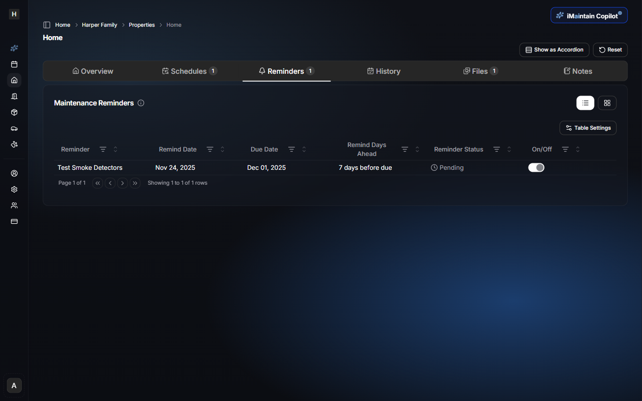 Maintenance reminders tab showing upcoming and overdue maintenance tasks