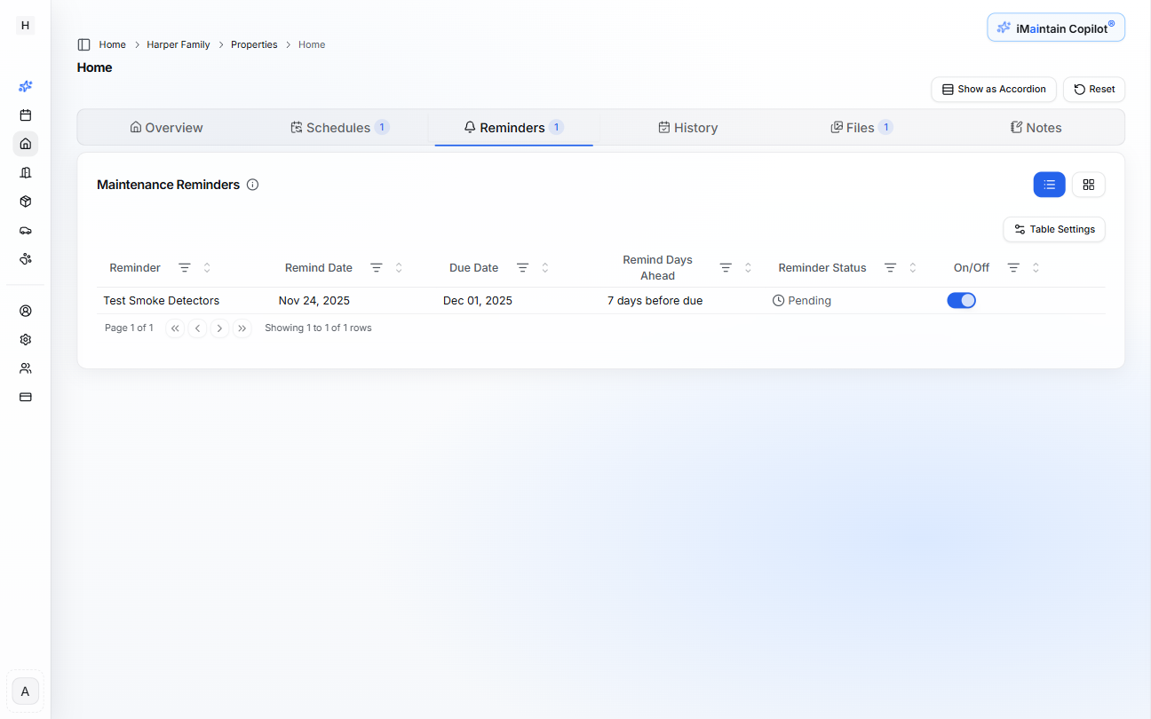 Maintenance reminders tab showing upcoming and overdue maintenance tasks