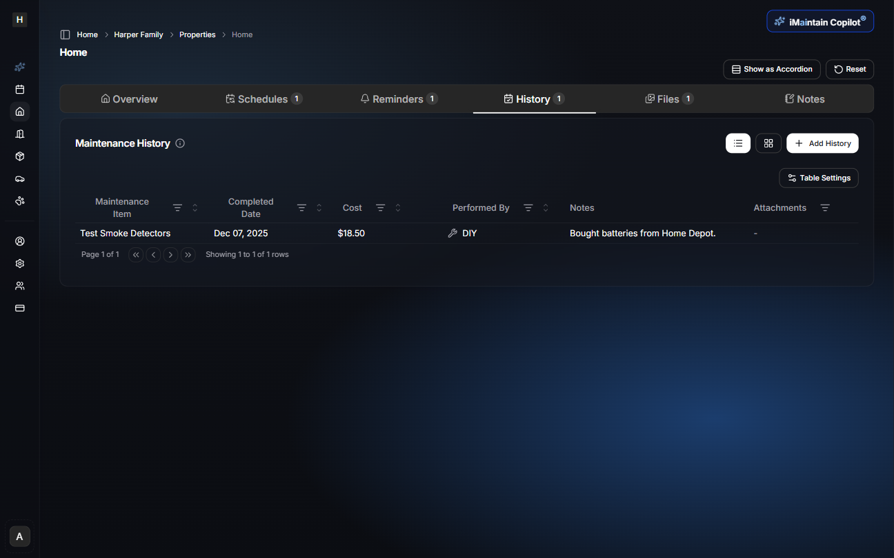 Maintenance history tab showing completed maintenance tasks with dates, costs, and details