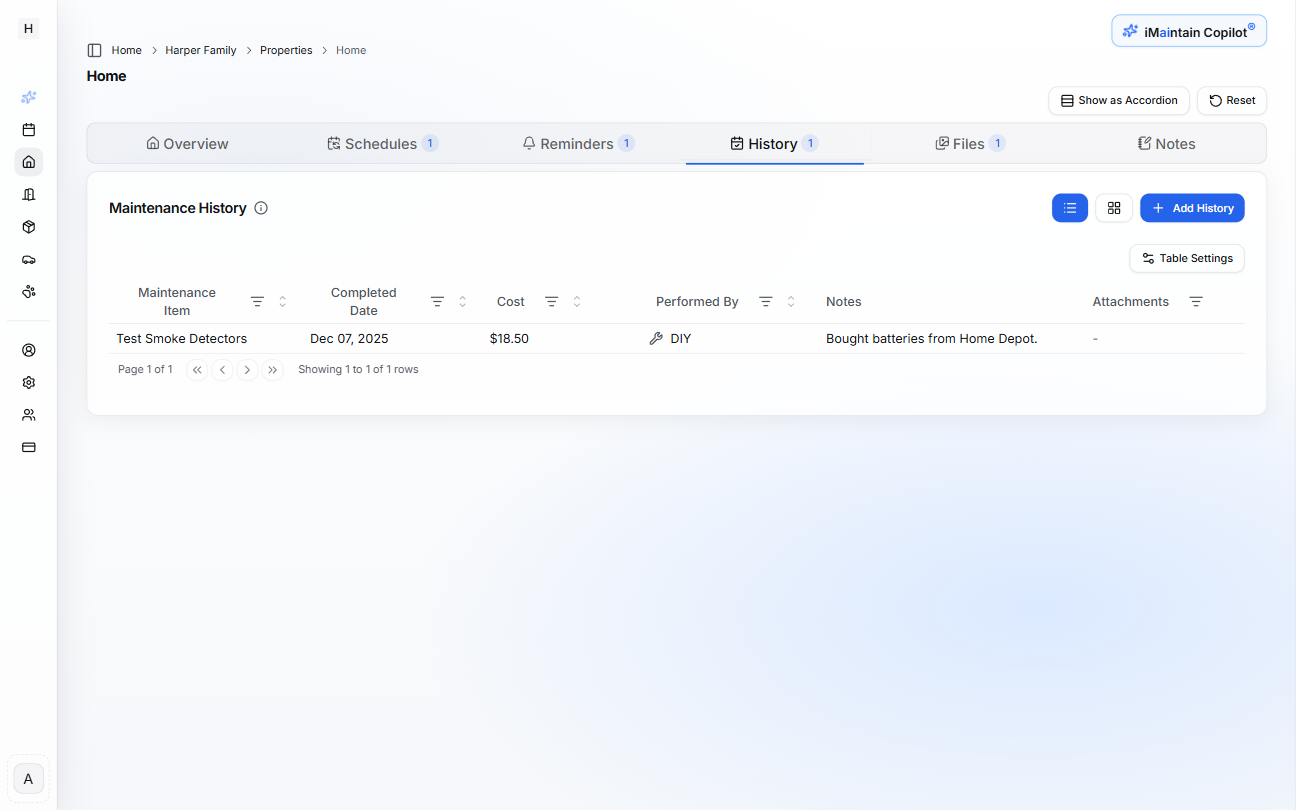 Maintenance history tab showing completed maintenance tasks with dates, costs, and details
