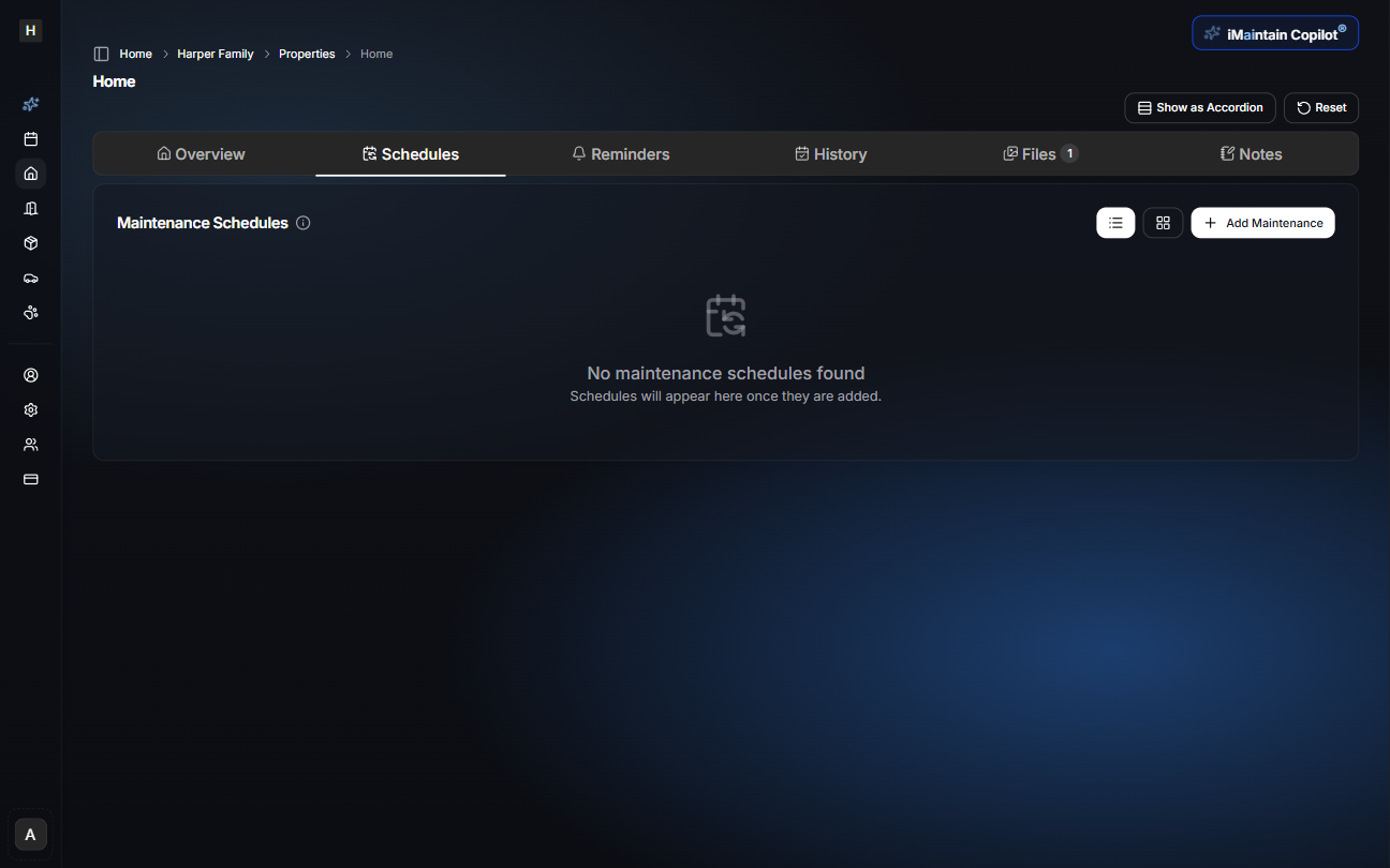 Empty maintenance schedules view showing no items have been created yet