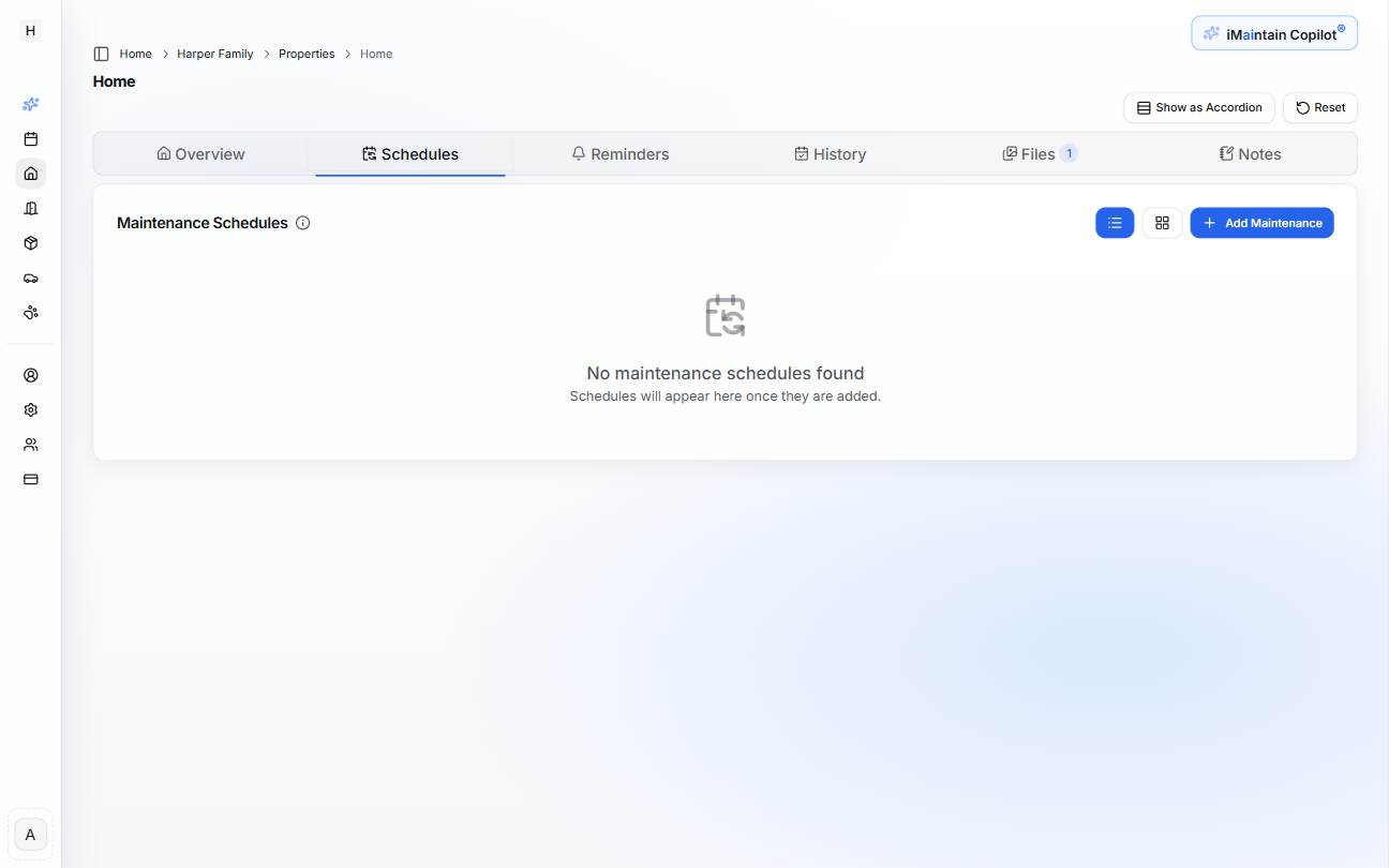 Empty maintenance schedules view showing no items have been created yet