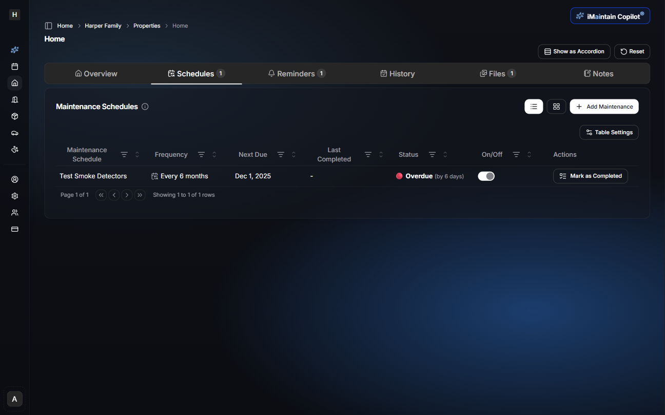Maintenance schedules view showing a created schedule item