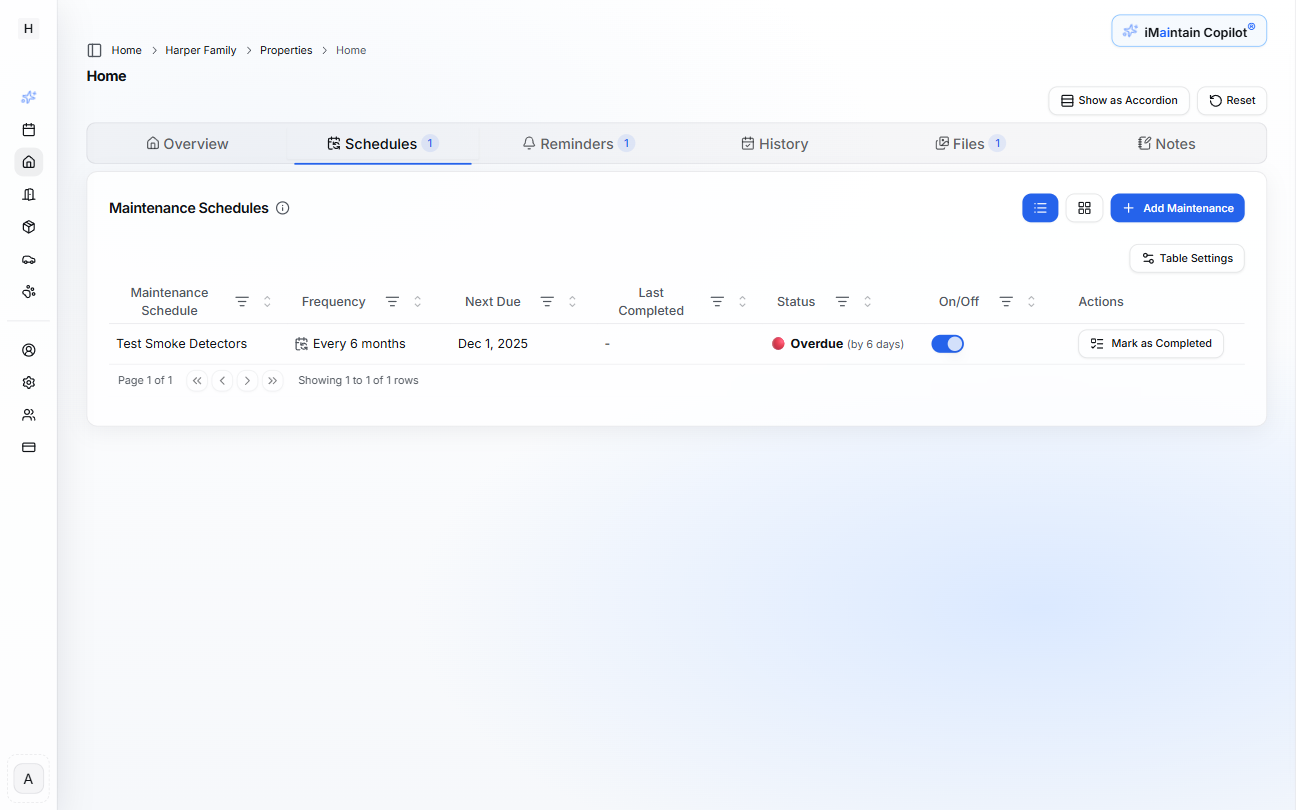 Maintenance schedules view showing a created schedule item