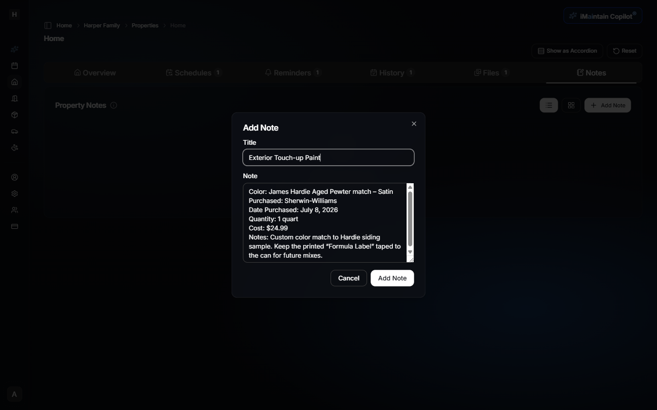 Add Note modal showing title and note content fields