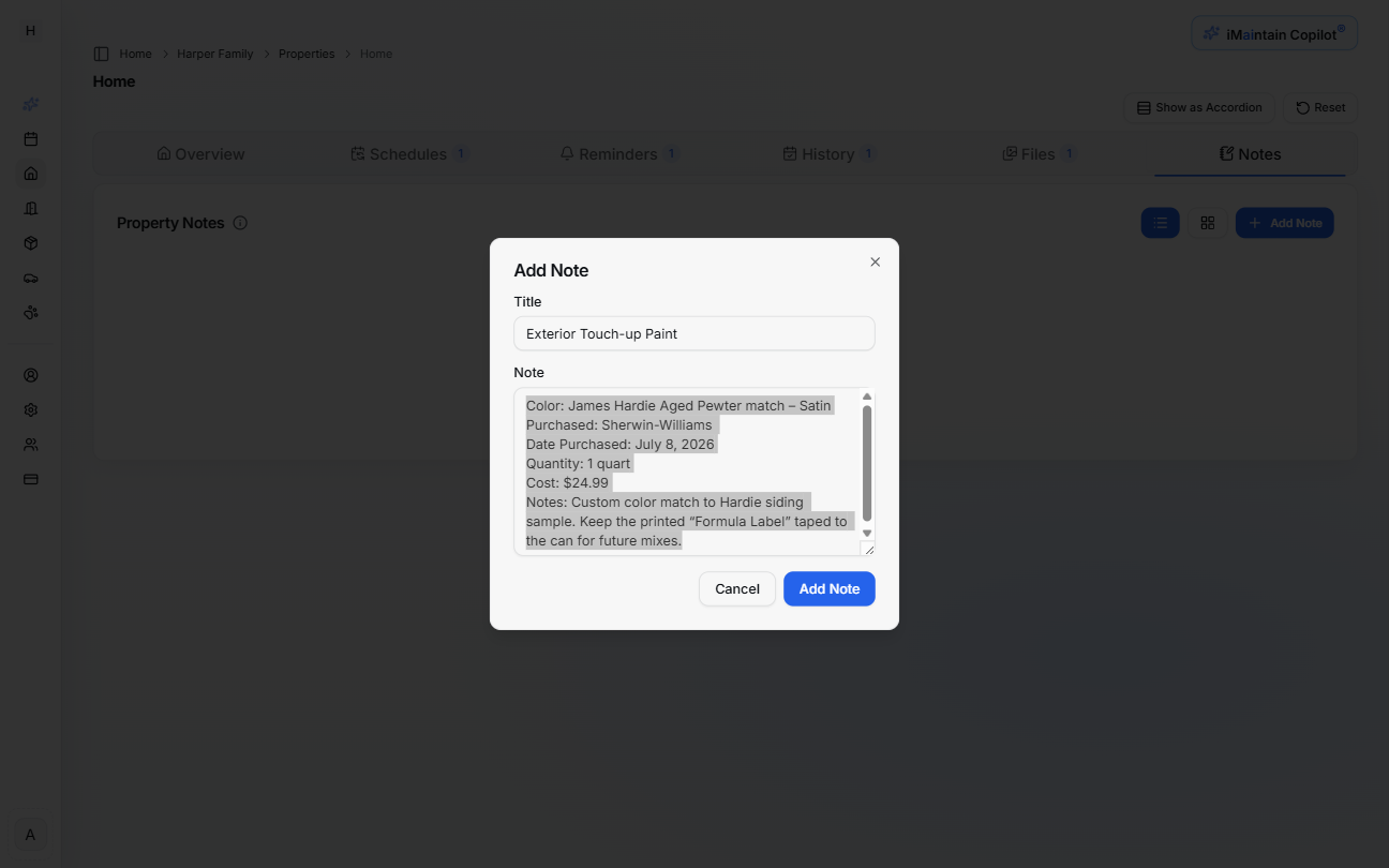 Add Note modal showing title and note content fields