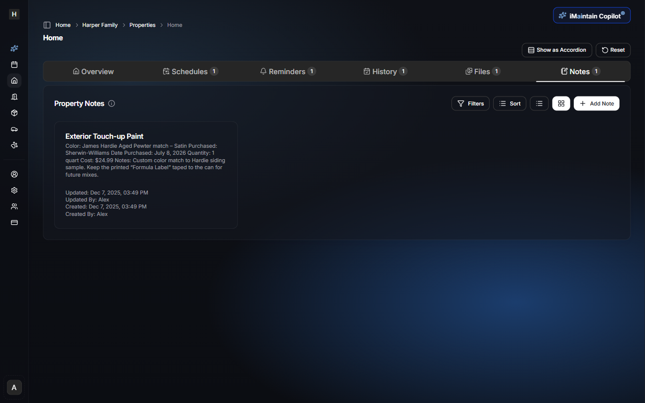 Property Notes card view showing notes as individual cards with full content displayed