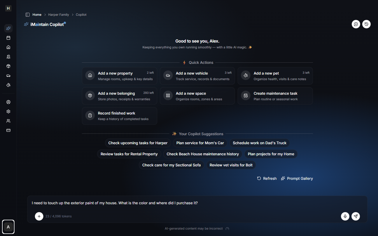 iMaintain Copilot interface showing a question about property notes
