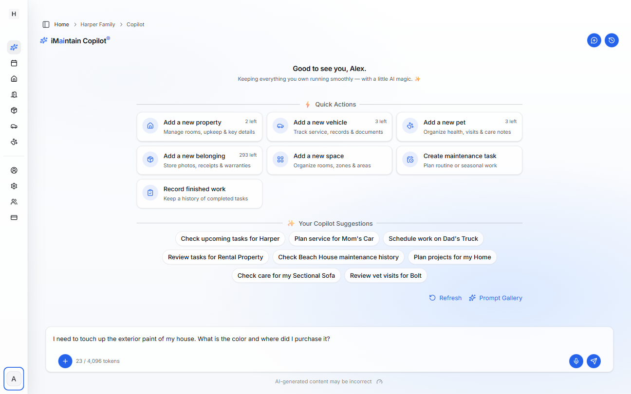 iMaintain Copilot interface showing a question about property notes