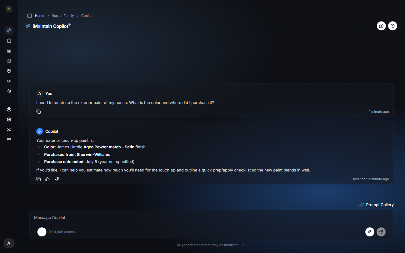 iMaintain Copilot response summarizing property note information