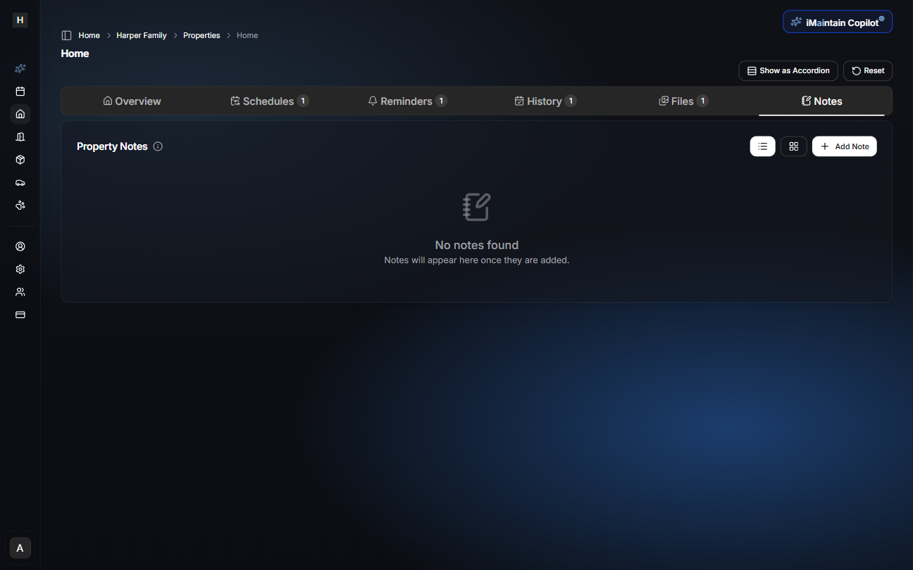 Property Notes panel showing empty state with no notes created yet