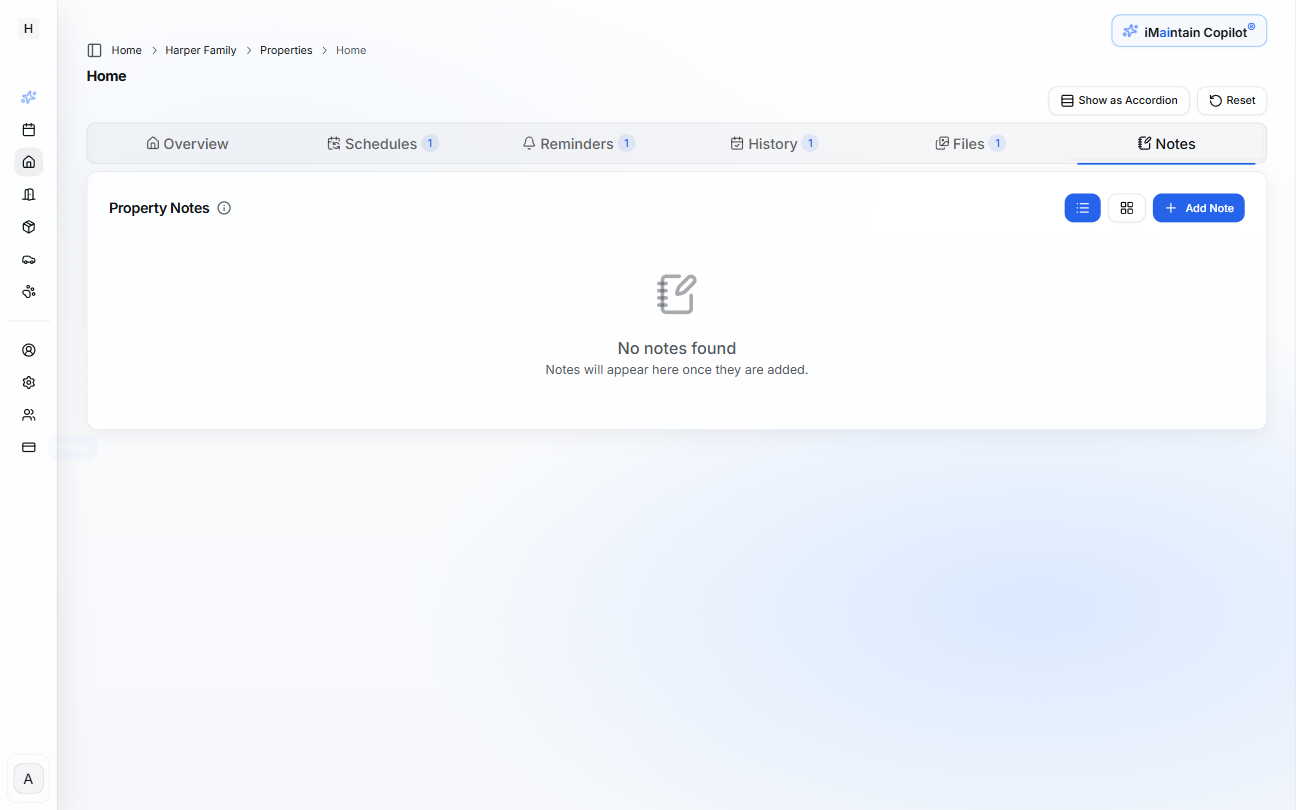 Property Notes panel showing empty state with no notes created yet