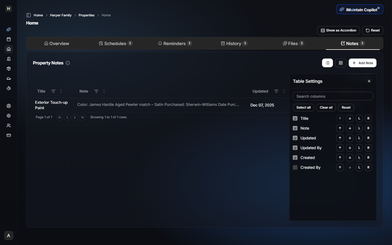 Table settings panel showing options to customize which columns are displayed