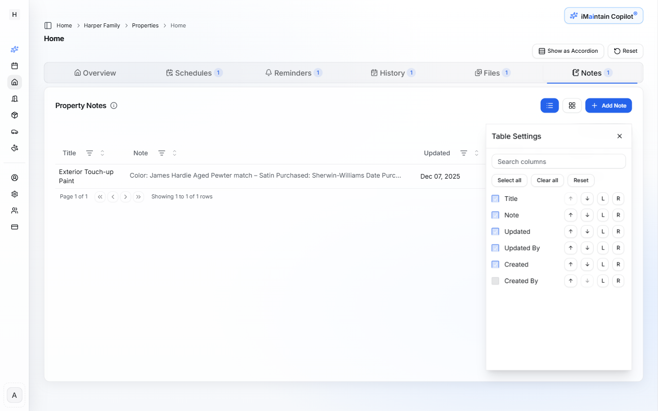 Table settings panel showing options to customize which columns are displayed