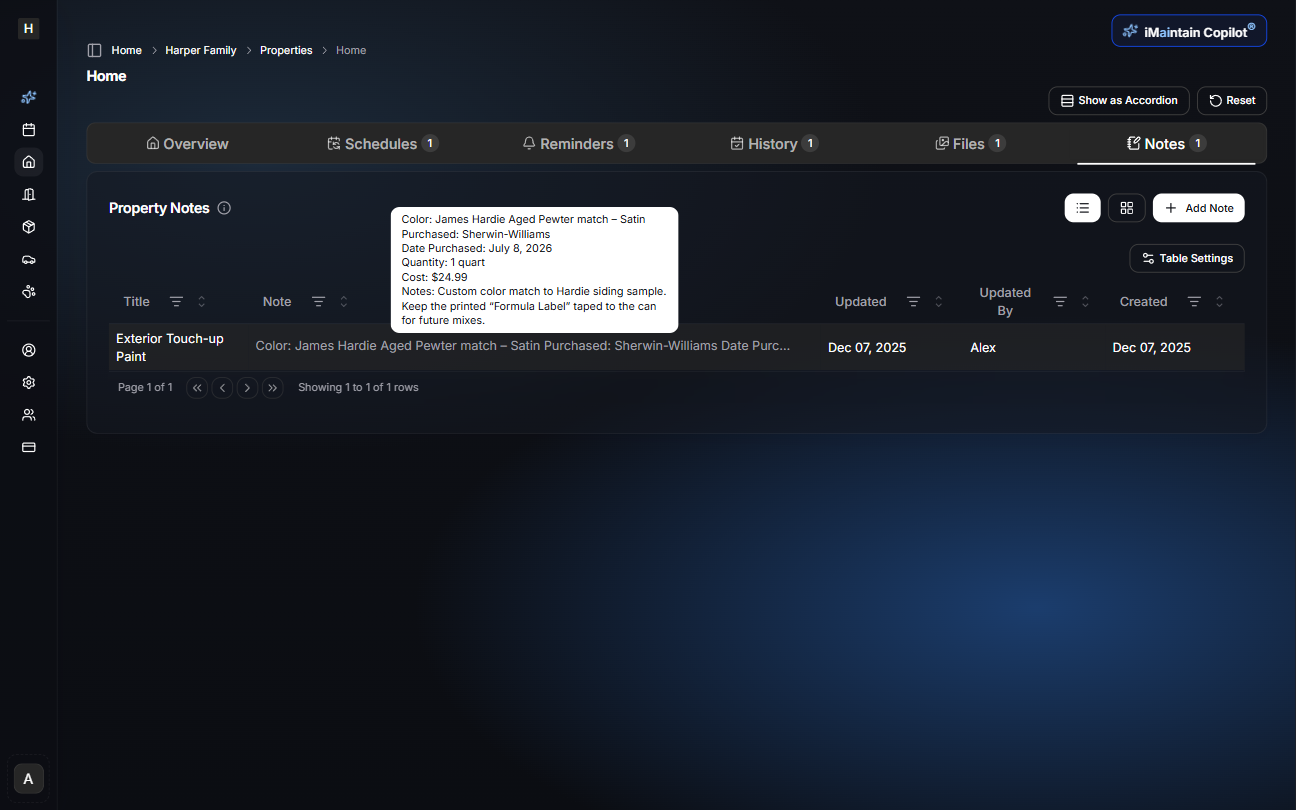 Property Notes table view showing notes in a structured grid with sortable columns