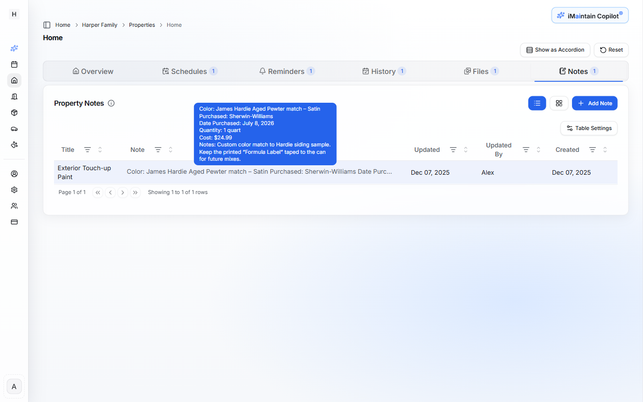 Property Notes table view showing notes in a structured grid with sortable columns