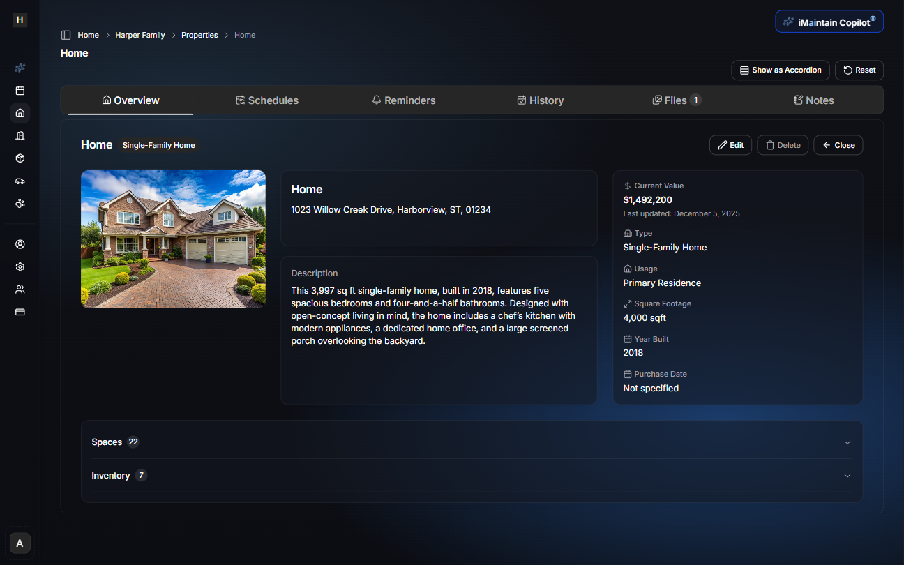 Property overview page showing property details, value, and activity summary