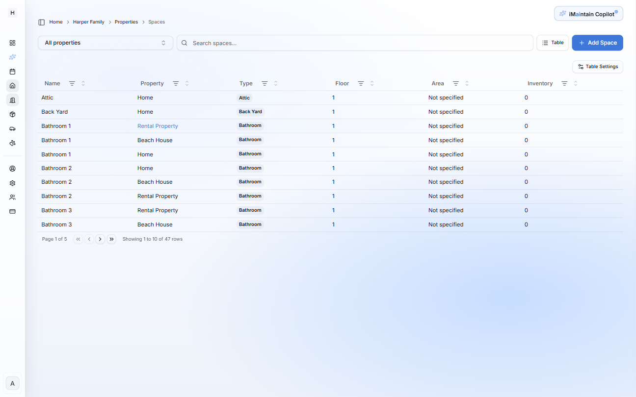 Spaces table view showing property filter, search input, and an Add Space button