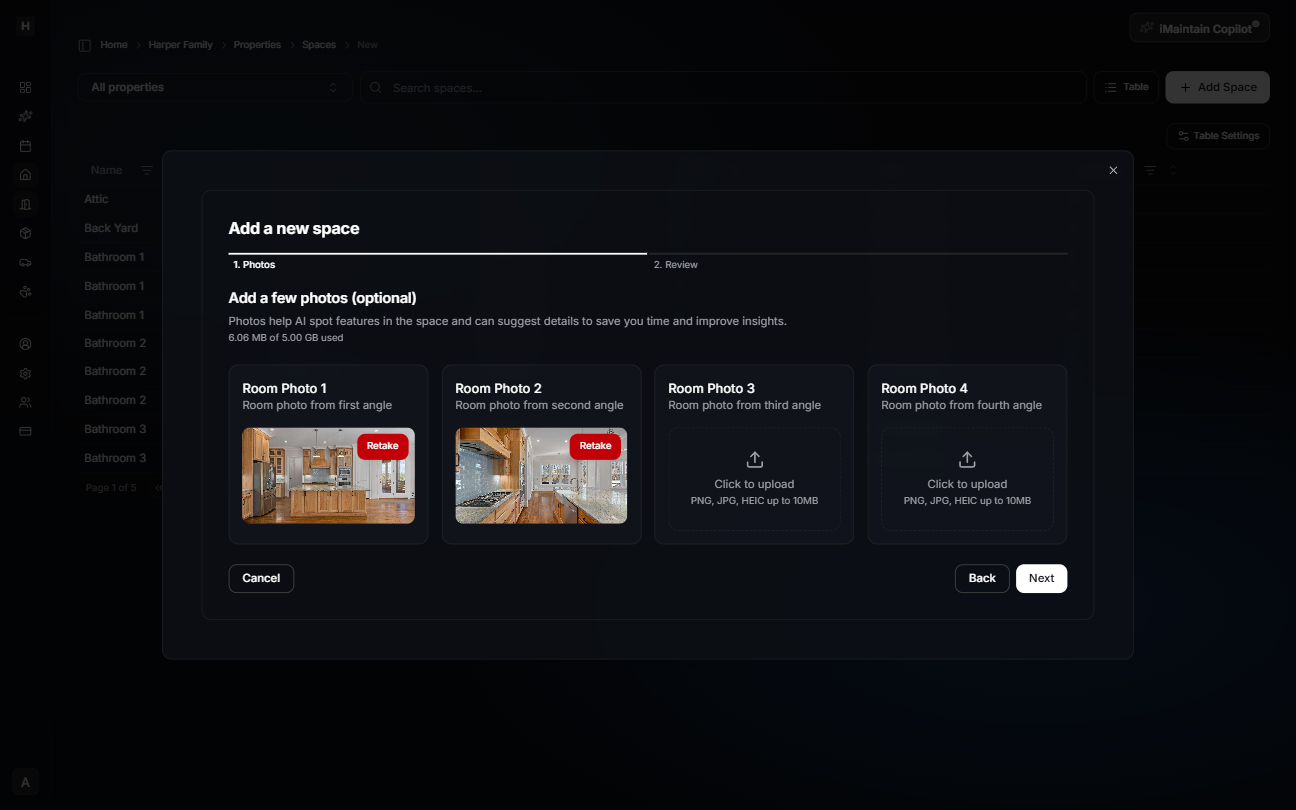 Add a new space wizard Step 1 Photos showing multiple room photo upload tiles