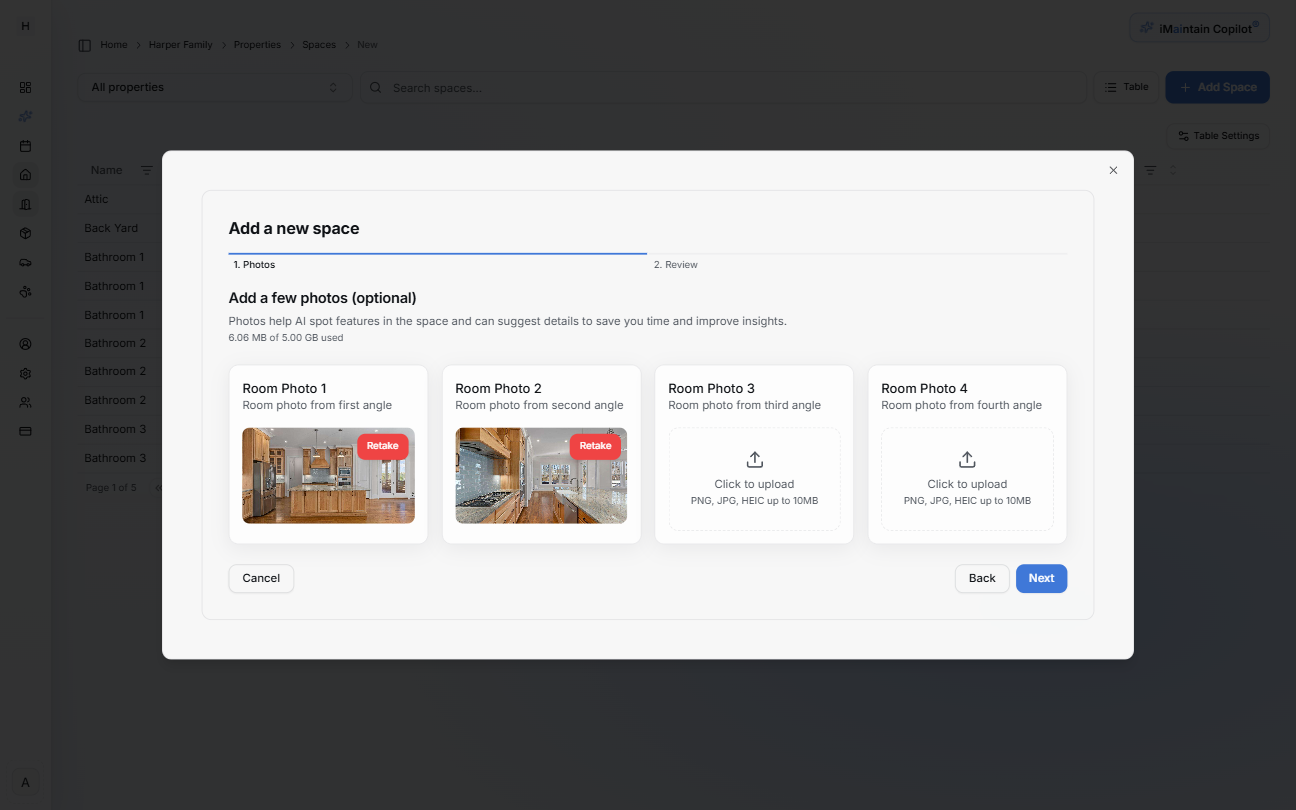 Add a new space wizard Step 1 Photos showing multiple room photo upload tiles