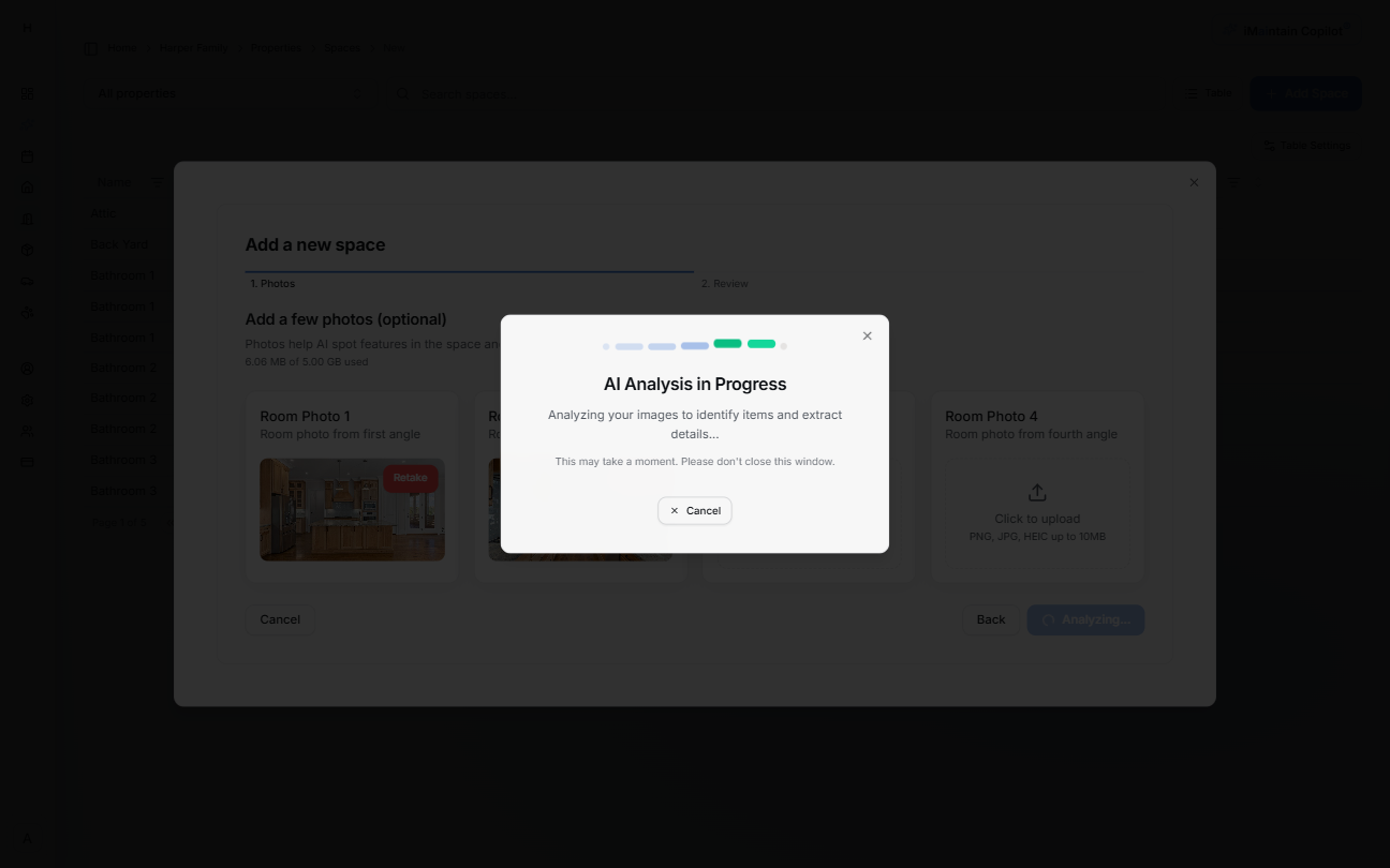 AI analysis in progress dialog shown during space photo analysis