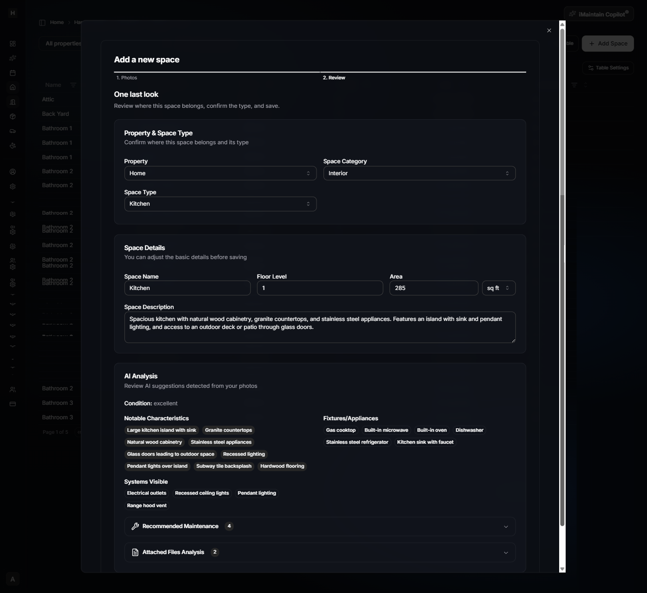 Add a new space wizard Step 2 Review showing property and space type fields, space details fields, and AI analysis chips for characteristics, fixtures, and systems with a Save Space button