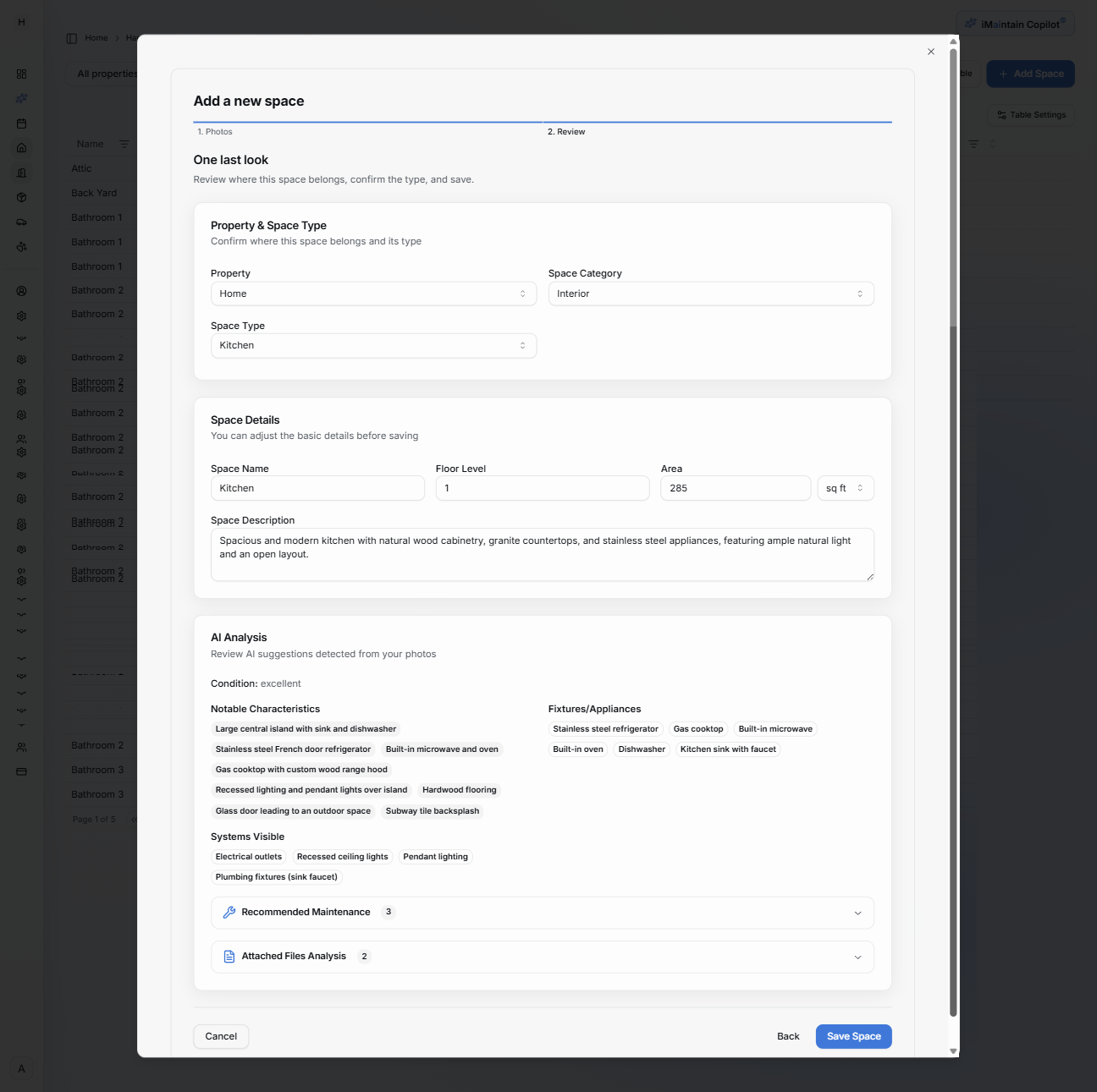Add a new space wizard Step 2 Review showing property and space type fields, space details fields, and AI analysis chips for characteristics, fixtures, and systems with a Save Space button