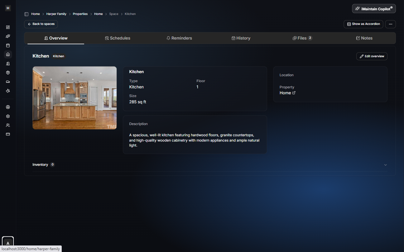 Space details page showing the Overview tab and the tabs for Schedules, Reminders, History, Files, and Notes