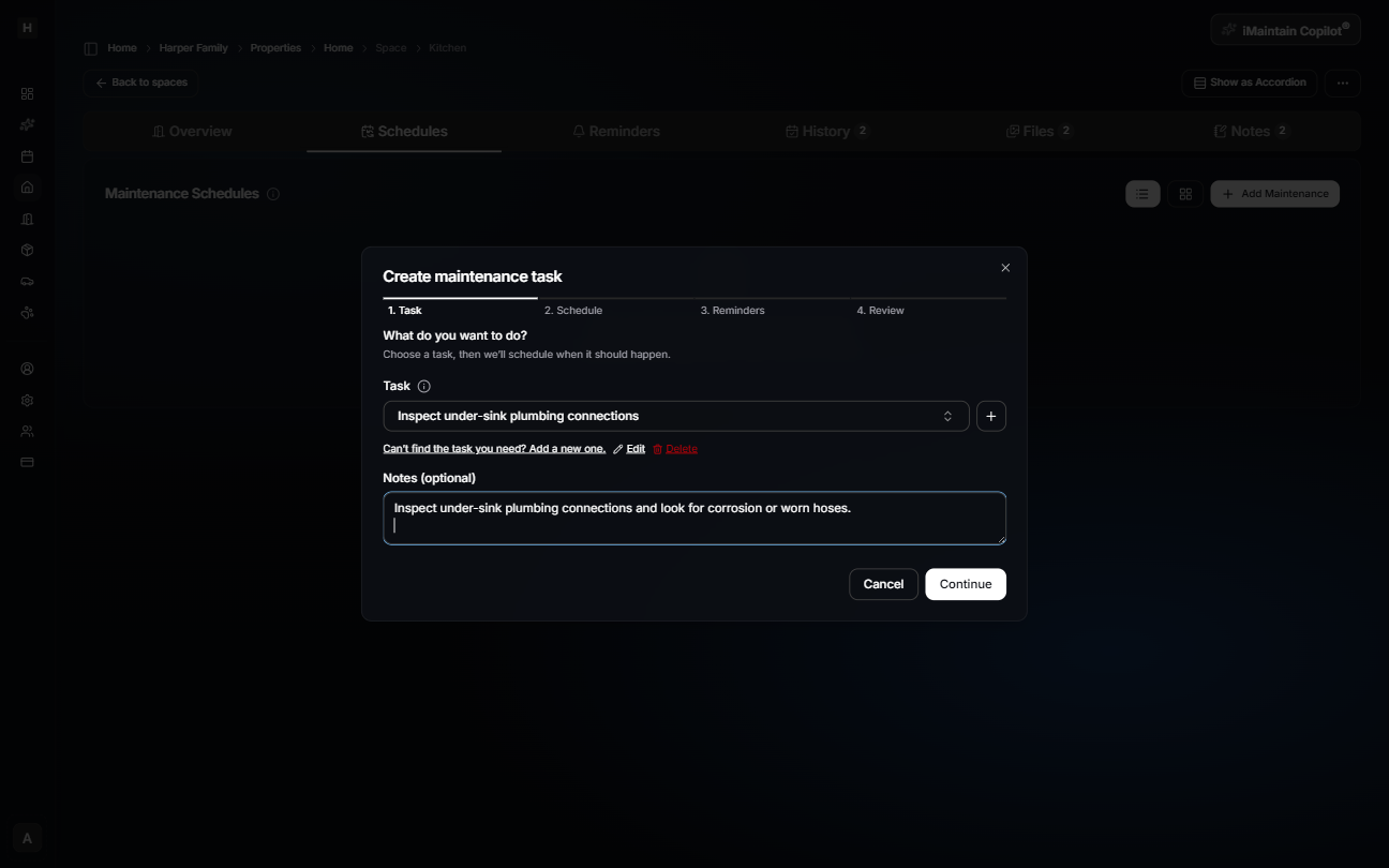 Create maintenance task wizard Step 1 Task showing a task selector, plus button to add a task, and optional notes field
